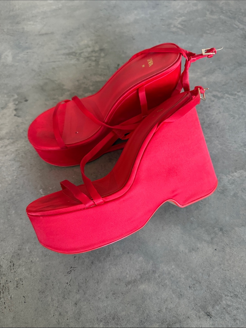 Zara Bright Red Satin Platform Slingback Sandals